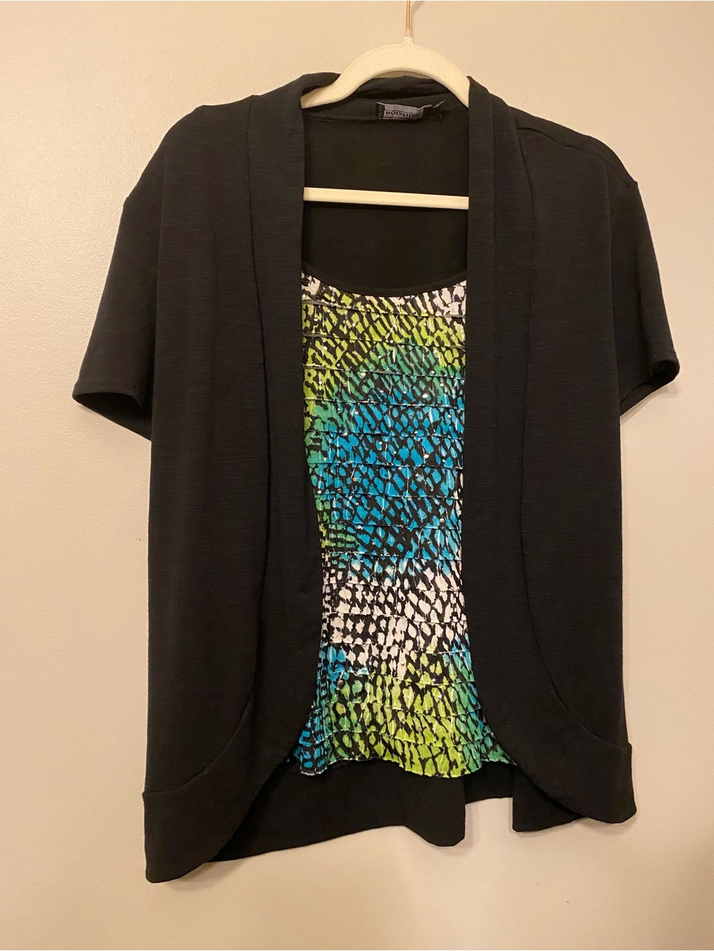 Notations Black Layered Top with Blue & Green Patterned Shell